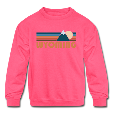 Wyoming Youth Sweatshirt - Retro Mountain Youth Wyoming Crewneck Sweatshirt - neon pink