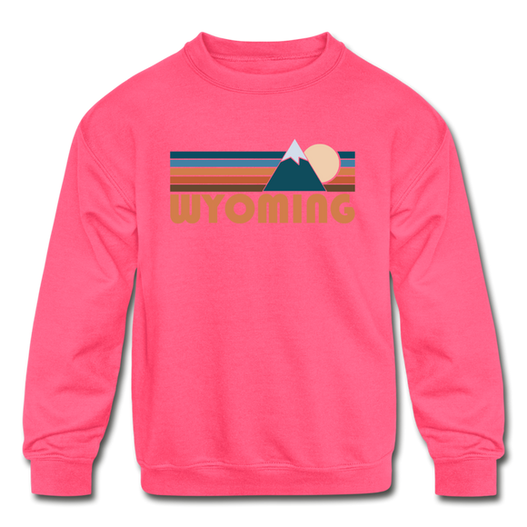 Wyoming Youth Sweatshirt - Retro Mountain Youth Wyoming Crewneck Sweatshirt - neon pink