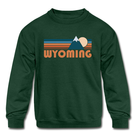 Wyoming Youth Sweatshirt - Retro Mountain Youth Wyoming Crewneck Sweatshirt - forest green