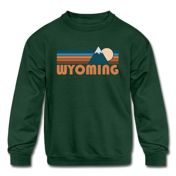 Wyoming Youth Sweatshirt - Retro Mountain Youth Wyoming Crewneck Sweatshirt - forest green