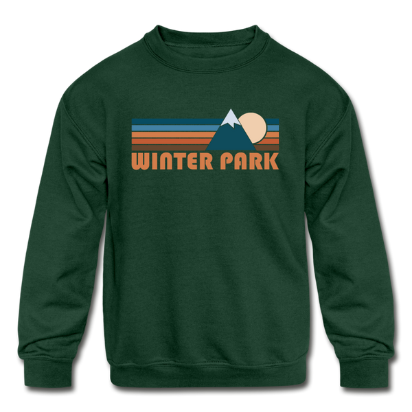 Winter Park, Colorado Youth Sweatshirt - Retro Mountain Youth Winter Park Crewneck Sweatshirt - forest green