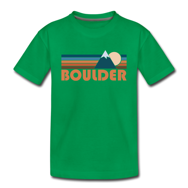Boulder, Colorado Youth T-Shirt - Retro Mountain Youth Boulder Tee - kelly green