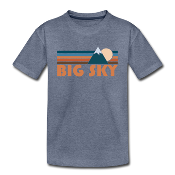 Big Sky, Montana Youth T-Shirt - Retro Mountain Youth Big Sky Tee - heather blue