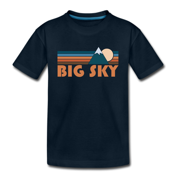 Big Sky, Montana Youth T-Shirt - Retro Mountain Youth Big Sky Tee - deep navy