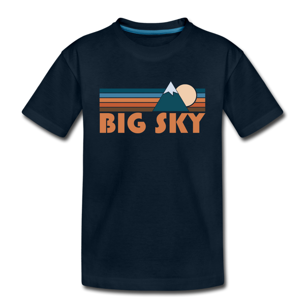 Big Sky, Montana Youth T-Shirt - Retro Mountain Youth Big Sky Tee - deep navy