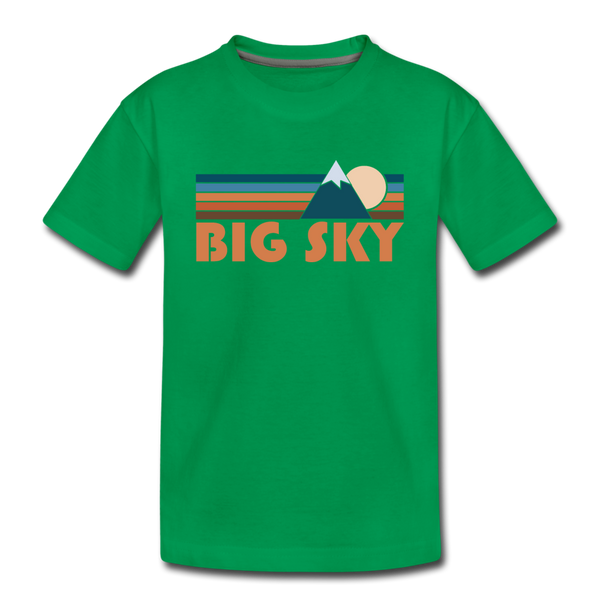 Big Sky, Montana Youth T-Shirt - Retro Mountain Youth Big Sky Tee - kelly green