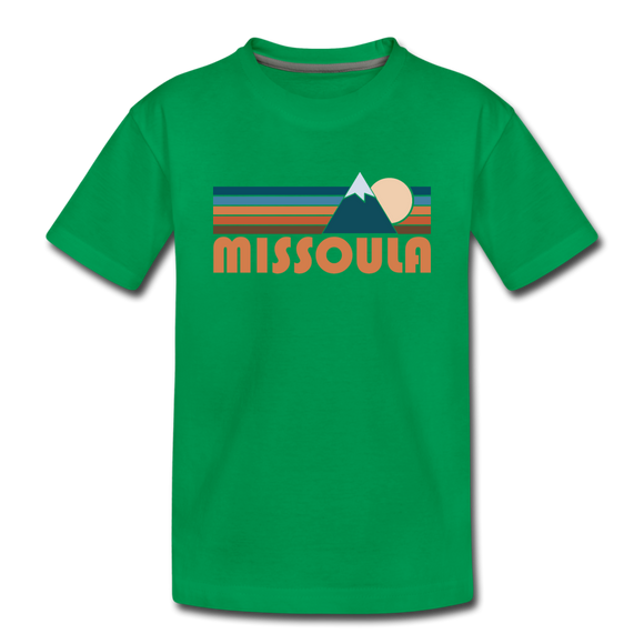 Missoula, Montana Youth T-Shirt - Retro Mountain Youth Missoula Tee - kelly green