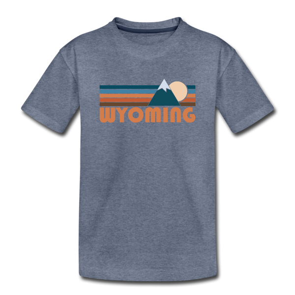 Wyoming Youth T-Shirt - Retro Mountain Youth Wyoming Tee - heather blue