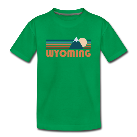 Wyoming Youth T-Shirt - Retro Mountain Youth Wyoming Tee - kelly green