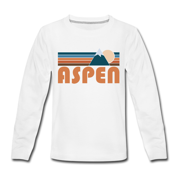 Aspen, Colorado Youth Long Sleeve Shirt - Retro Mountain Youth Long Sleeve Aspen Tee - white