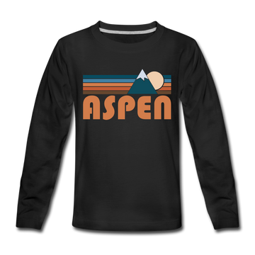 Aspen, Colorado Youth Long Sleeve Shirt - Retro Mountain Youth Long Sleeve Aspen Tee - black