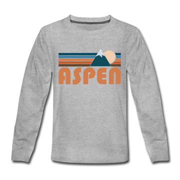 Aspen, Colorado Youth Long Sleeve Shirt - Retro Mountain Youth Long Sleeve Aspen Tee - heather gray