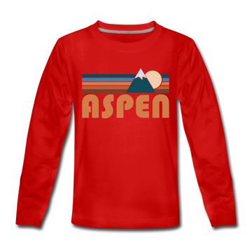 Aspen, Colorado Youth Long Sleeve Shirt - Retro Mountain Youth Long Sleeve Aspen Tee - red