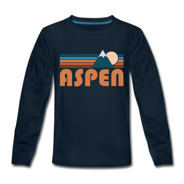 Aspen, Colorado Youth Long Sleeve Shirt - Retro Mountain Youth Long Sleeve Aspen Tee - deep navy