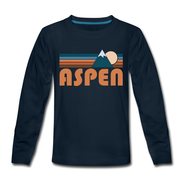 Aspen, Colorado Youth Long Sleeve Shirt - Retro Mountain Youth Long Sleeve Aspen Tee - deep navy