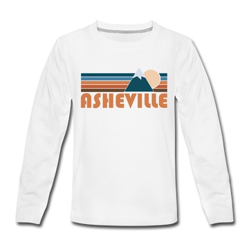 Asheville, North Carolina Youth Long Sleeve Shirt - Retro Mountain Youth Long Sleeve Asheville Tee - white