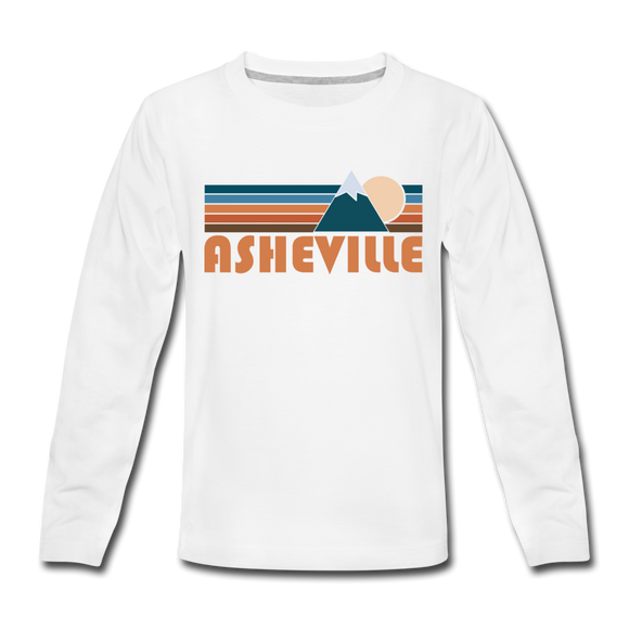 Asheville, North Carolina Youth Long Sleeve Shirt - Retro Mountain Youth Long Sleeve Asheville Tee - white