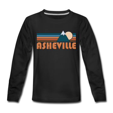 Asheville, North Carolina Youth Long Sleeve Shirt - Retro Mountain Youth Long Sleeve Asheville Tee - black