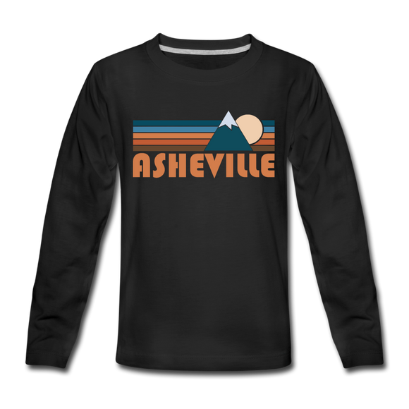 Asheville, North Carolina Youth Long Sleeve Shirt - Retro Mountain Youth Long Sleeve Asheville Tee - black