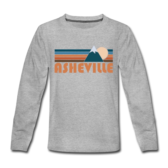 Asheville, North Carolina Youth Long Sleeve Shirt - Retro Mountain Youth Long Sleeve Asheville Tee - heather gray