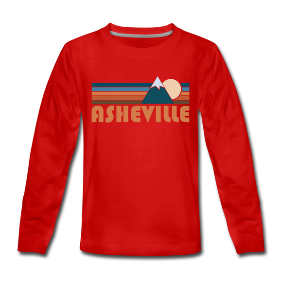 Asheville, North Carolina Youth Long Sleeve Shirt - Retro Mountain Youth Long Sleeve Asheville Tee - red