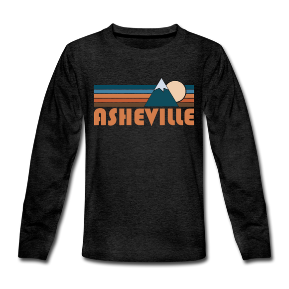 Asheville, North Carolina Youth Long Sleeve Shirt - Retro Mountain Youth Long Sleeve Asheville Tee - charcoal gray