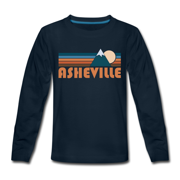 Asheville, North Carolina Youth Long Sleeve Shirt - Retro Mountain Youth Long Sleeve Asheville Tee - deep navy