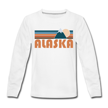 Alaska Youth Long Sleeve Shirt - Retro Mountain Youth Long Sleeve Alaska Tee - white