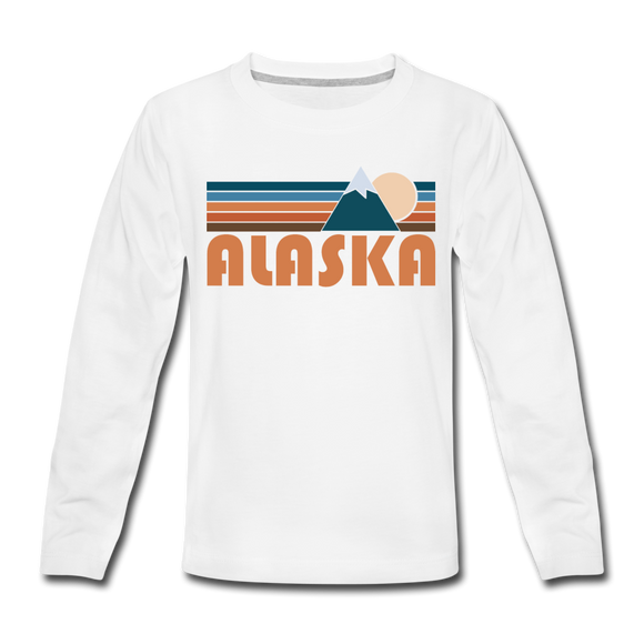 Alaska Youth Long Sleeve Shirt - Retro Mountain Youth Long Sleeve Alaska Tee - white