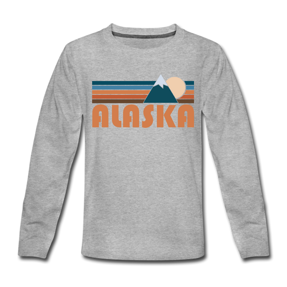 Alaska Youth Long Sleeve Shirt - Retro Mountain Youth Long Sleeve Alaska Tee - heather gray