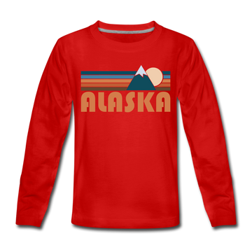 Alaska Youth Long Sleeve Shirt - Retro Mountain Youth Long Sleeve Alaska Tee - red