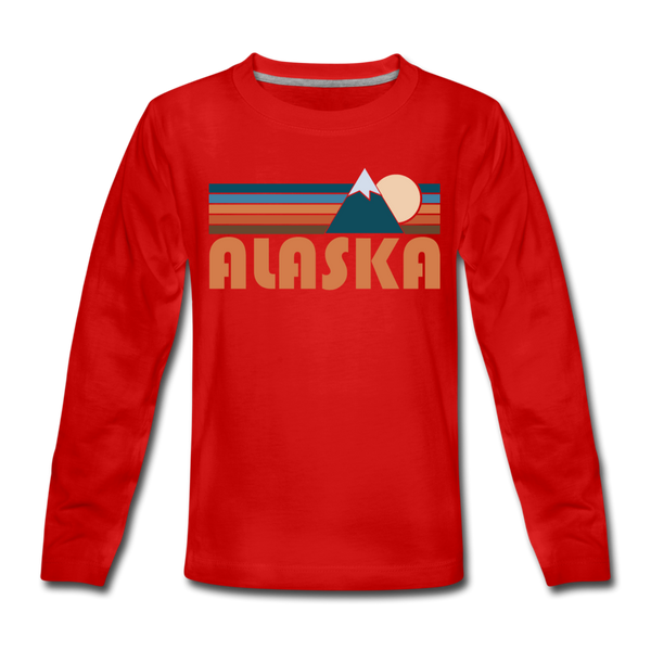 Alaska Youth Long Sleeve Shirt - Retro Mountain Youth Long Sleeve Alaska Tee - red