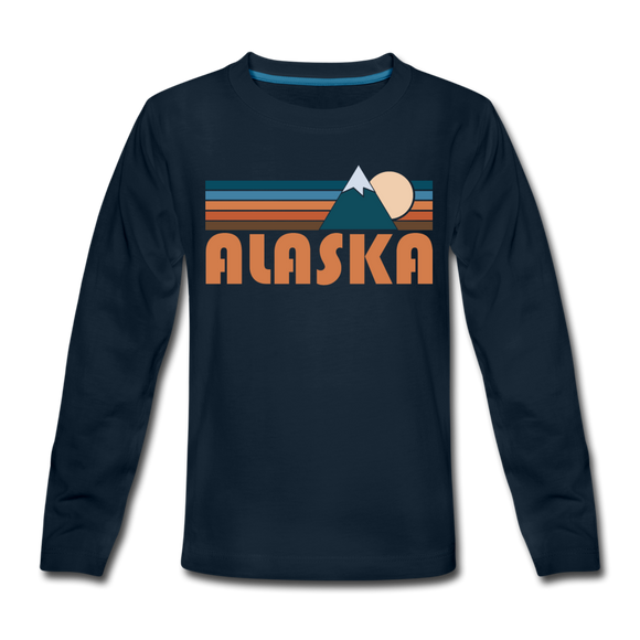 Alaska Youth Long Sleeve Shirt - Retro Mountain Youth Long Sleeve Alaska Tee - deep navy