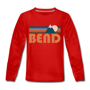 Bend, Oregon Youth Long Sleeve Shirt - Retro Mountain Youth Long Sleeve Bend Tee - red