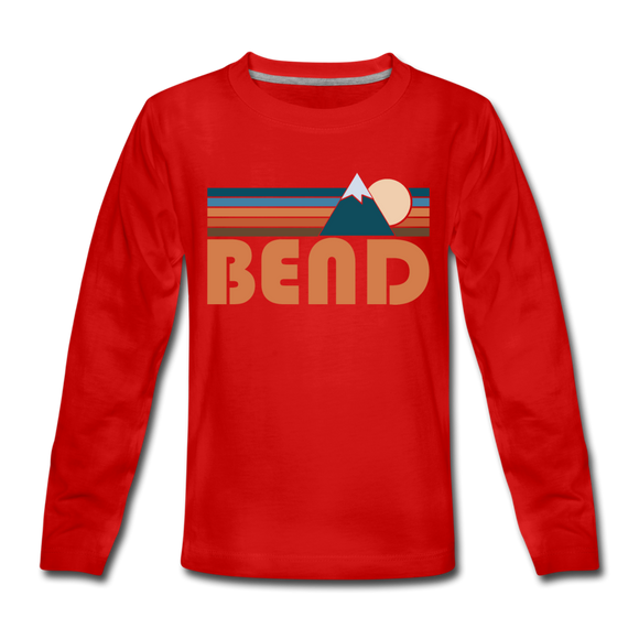 Bend, Oregon Youth Long Sleeve Shirt - Retro Mountain Youth Long Sleeve Bend Tee - red