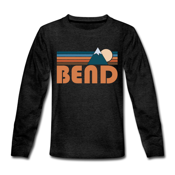 Bend, Oregon Youth Long Sleeve Shirt - Retro Mountain Youth Long Sleeve Bend Tee - charcoal gray