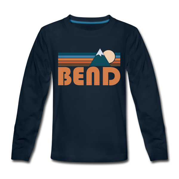 Bend, Oregon Youth Long Sleeve Shirt - Retro Mountain Youth Long Sleeve Bend Tee - deep navy
