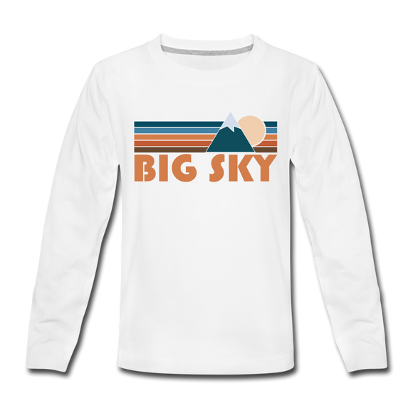 Big Sky, Montana Youth Long Sleeve Shirt - Retro Mountain Youth Long Sleeve Big Sky Tee - white