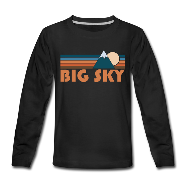 Big Sky, Montana Youth Long Sleeve Shirt - Retro Mountain Youth Long Sleeve Big Sky Tee - black