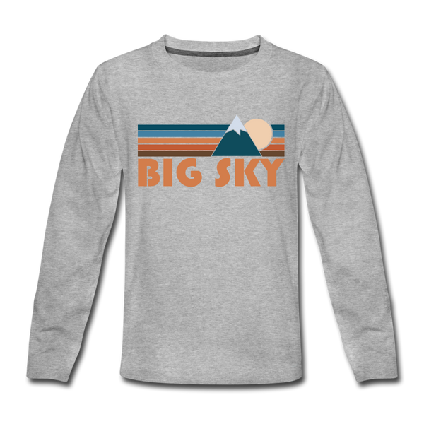 Big Sky, Montana Youth Long Sleeve Shirt - Retro Mountain Youth Long Sleeve Big Sky Tee - heather gray