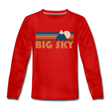 Big Sky, Montana Youth Long Sleeve Shirt - Retro Mountain Youth Long Sleeve Big Sky Tee - red
