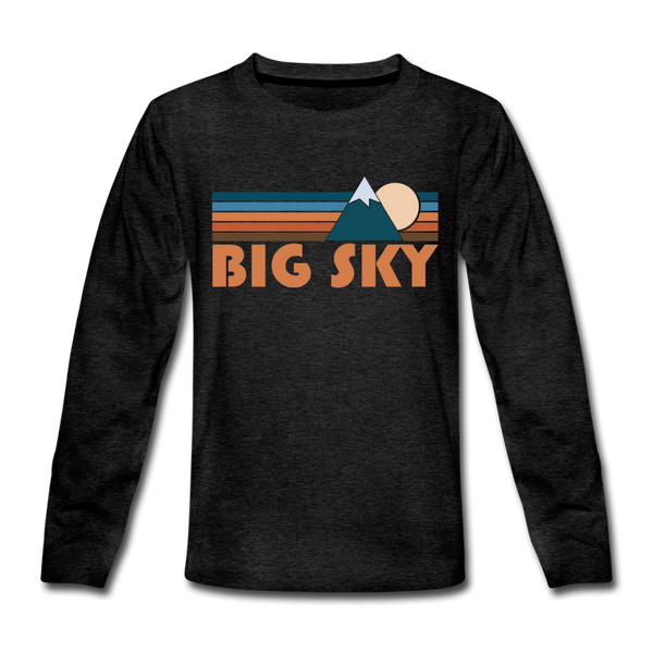 Big Sky, Montana Youth Long Sleeve Shirt - Retro Mountain Youth Long Sleeve Big Sky Tee - charcoal gray