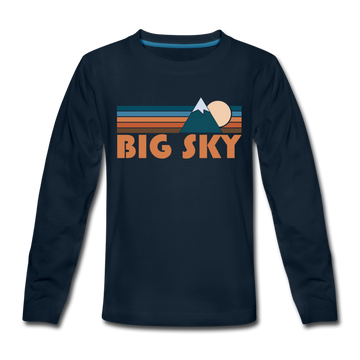 Big Sky, Montana Youth Long Sleeve Shirt - Retro Mountain Youth Long Sleeve Big Sky Tee - deep navy