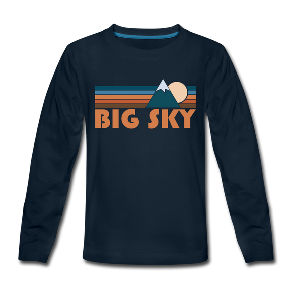 Big Sky, Montana Youth Long Sleeve Shirt - Retro Mountain Youth Long Sleeve Big Sky Tee - deep navy
