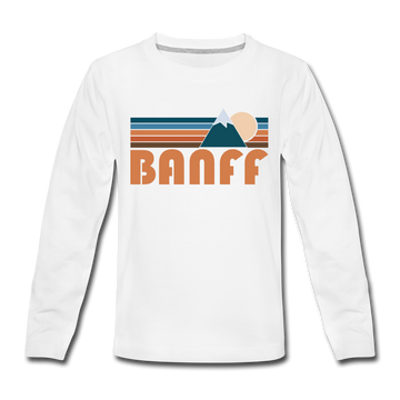 Banff, Canada Youth Long Sleeve Shirt - Retro Mountain Youth Long Sleeve Banff Tee - white