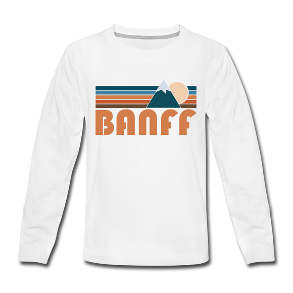 Banff, Canada Youth Long Sleeve Shirt - Retro Mountain Youth Long Sleeve Banff Tee - white