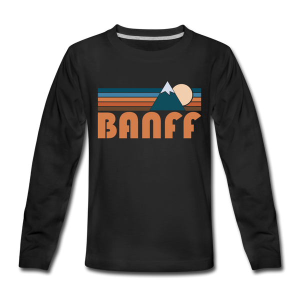 Banff, Canada Youth Long Sleeve Shirt - Retro Mountain Youth Long Sleeve Banff Tee - black