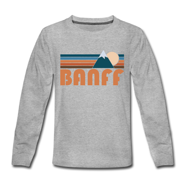 Banff, Canada Youth Long Sleeve Shirt - Retro Mountain Youth Long Sleeve Banff Tee - heather gray