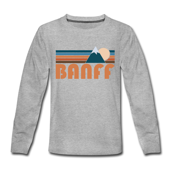 Banff, Canada Youth Long Sleeve Shirt - Retro Mountain Youth Long Sleeve Banff Tee - heather gray