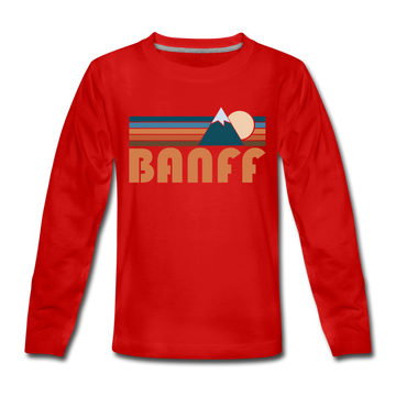 Banff, Canada Youth Long Sleeve Shirt - Retro Mountain Youth Long Sleeve Banff Tee - red